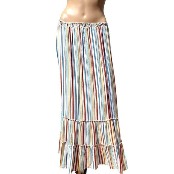 Maxi Skirt Striped White Blue Tiers Elastic Waist Summer Swingy Stripes - Picture 1 of 9